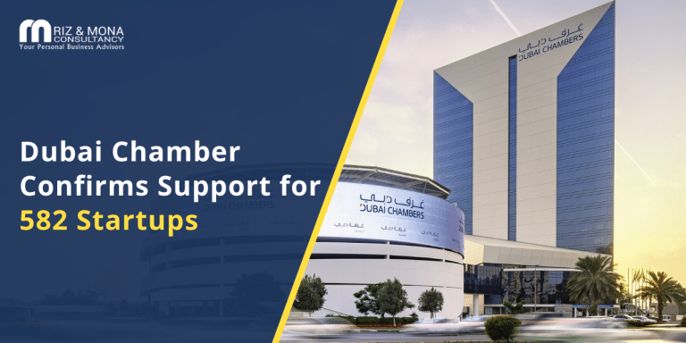 Professionals in a modern Dubai office discussing digital startup growth, reflecting Dubai Chamber's support.